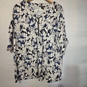 Robert Louis 3X Navy White Paisley Half Zip Roll Tab Sleeve Tunic Blouse Plus